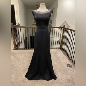 Boast neck low back navy dress with tail